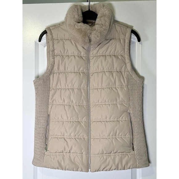 Calvin Klein Vest Womens Large Beige Faux Fur Collar Quilted Puffer Zip Pockets - Picture 1 of 15